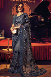 Nevi blue net silk saree